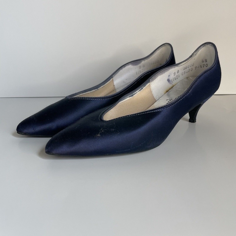 VTG 1980s Peacocks Dark Blue Purplish Pumps Satin Heels Formal Shoe Size 9 Prom